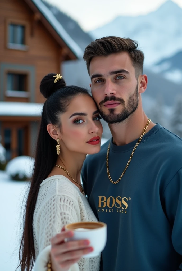 Usando cordao fino de ouro com uma águia Usando Moletom unissex Gola Careca Blusa De Frio Básico Sem Capuz na sea blue , Hugo Boss 3D print in front of a luxurious house in Switzerland with snow and a cup of cappuccino in his hand gold watch , dynamic poses , Youngh,grown-up,beautiful tall,offwhite,German, green eyess,beard made, athletic body,short hair kissing young man, Photo far away In action poses Wearing Unisex Sweatshirt Crew Neck Basic Cold Weather Top Without Hood in (sea blue) estampa Hugo Boss 3D em frente a um casa luxuosa na Suiça com neve com um copo de capuccino na mão dynamic poses uma jovem adulta linda branca, green eyes , illuminated nose using gold eyeshadow red lipstick, well made up, long and very straight hair,make her hair in a very high bun black, wearing gold accessories, thin gold necklace ,Small Gold Eagle Earring.