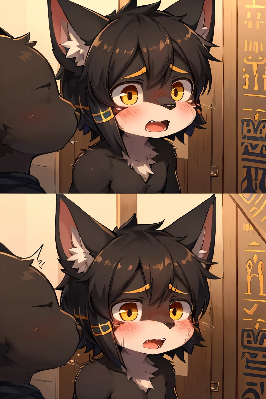 Kemoshota penis, black cat, precum, black fur, close up, embarrassed, open mouth, tortured, punishment, torture, Anubis boy, Egypt adorns,  very short height, crucifixion,  innocent boy, frightened , 7years old kemoshota boy, adorable