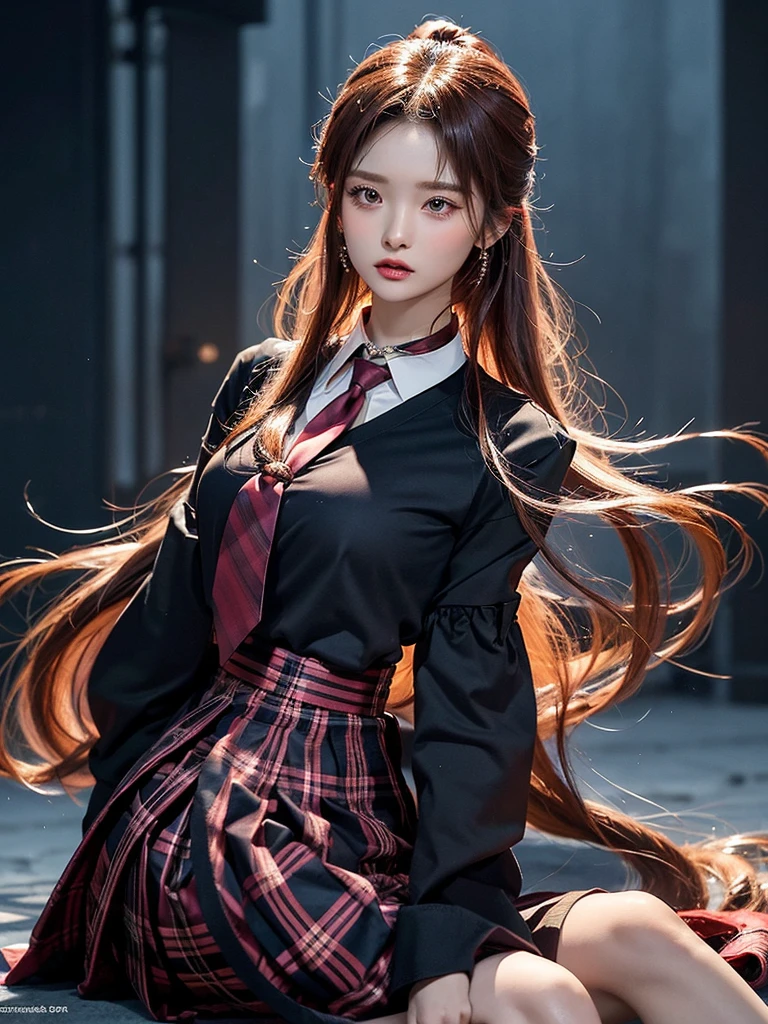 ,exposed, 큰 chest, 젖어서 chest이 보이는 흰색 shirt, masterpiece, best quality, whole body, 1 woman, forehead, black choker, black necktie, blond hair, panties, blush, bracelet, chest, choker, clothes approximately waist, clavicle, collared shirt, dress shirt, ear piercing, eyebrows visible through hair, gradient hair, 이를 드러내고 laugh, fix, bijouterie, Kogal, long hair, looking at viewer, loose necktie, necktie, piercing, plaid, plaid skirt, pleated skirt, red eyes, ring, , shirt, skirt, laugh, alone, sky, sitting on a chair inside a cafe,illustration, (Magazines:1.3), (sheathe-style:1.3), fashionable, female, vibrant, outfit, posing, front, fancy, dynamic, background, coercion, confidence, expression, possession, name, accessories, majestic, coil, approximately, touch, scene, texts, sheathe, brave, attracting attention, title, Refined, font, catchy, headline, bigger, striking, modern, Trend, Concentrate upon, fashion,