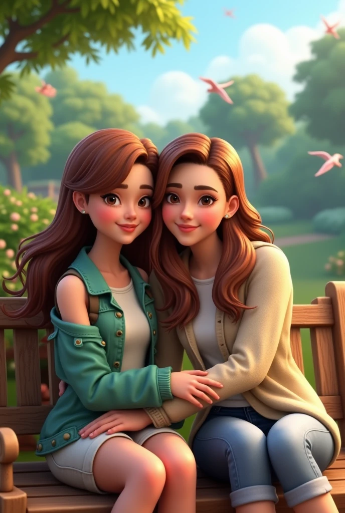Rebecca Patricia Armstrong and Freen Sarocha with different hairstyles, sitting on a bench and Rebecca resting her body between Freen's arms while looking at the camera and smiling with beautiful scenery in the background and birds flying in sims animation.