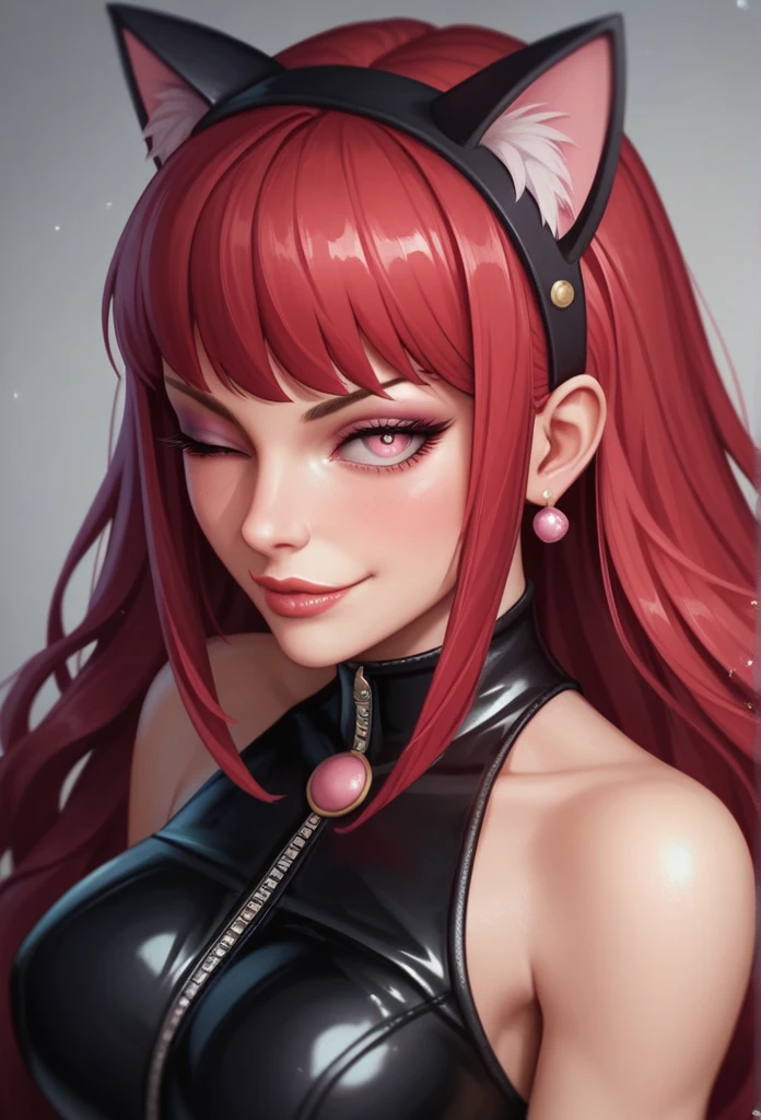 1girl, latex, shiny latex, lewd, (masterpiece), best quality, highly detailed faces, (SHARP details), 4k, highly detailed, expressive eyes, SHARP detail expressive eyes, (SHARP detail perfect face), (cat ears), (cat tail),maroon red hair,(shiny lipstick) (pink eyes), long hair, detailed face, medium breasts, long eyelashes, mature, (smirk, closed lips, big plump lips, eyeshadow) shiny skin, beautiful eyes,(detailed eyes, sharp eyes, clear pupils:0.8), blunt bangs, wispy bangs, naughty look, wink, winking, blush