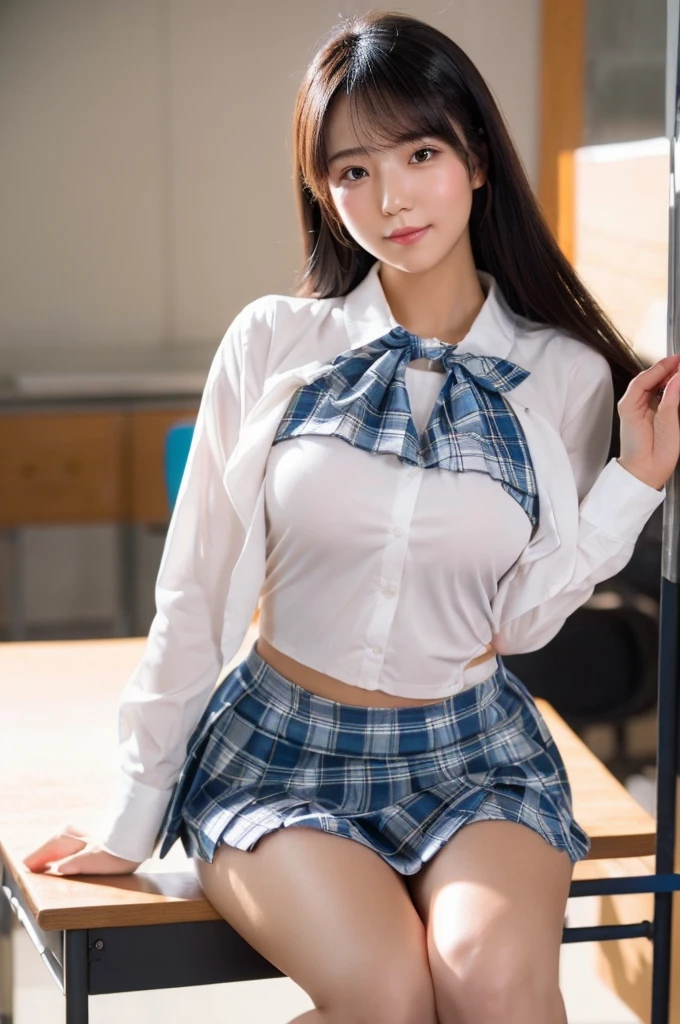 best quality, 8k, very delicate and beautiful, highly detailed face and skin texture, shiny skin, high resolution, sexy japanese girl in white shirt and short plaid skirt in classroom, sharp focus