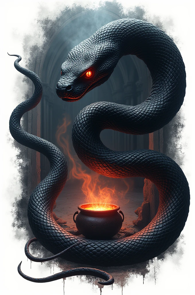Black snake logo on white background, viper, Lair, cauldron, realisitic, Black Snake, Spell, cauldron, serpente víbora manba negra, olhos vermelhos 