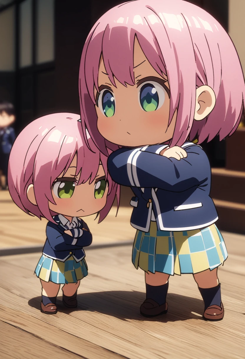 (Highest quality, 4K, 8k, High resolution, masterpiece:1.2), Very detailed, Picturesque, Animated Photography, Photo Animation:1.37)、Japanese schoolgirl、(Pink Hair)、(short hair)、(chibi:1.4),white shirt、Yellow-green checkered skirt,(high scool uniform:1.2)、navy blue jacket、standing、crossed arms、Full body photography、Nakano ichika