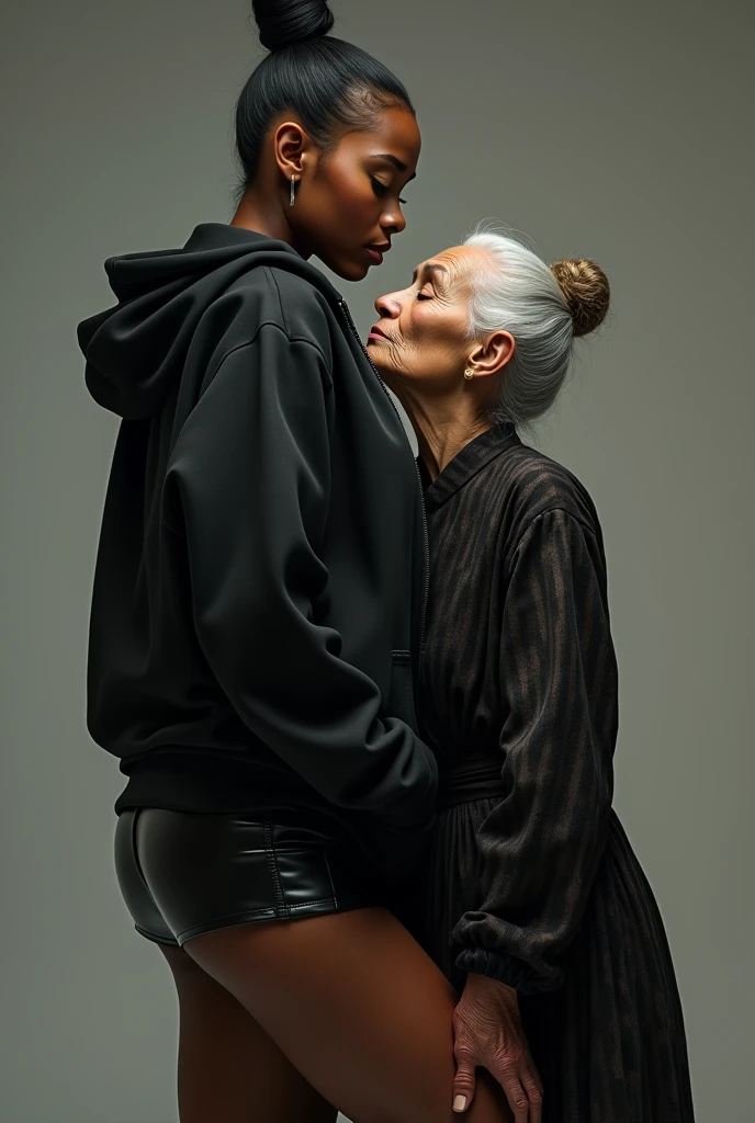 black woman hair in a bun black hoodie black leather short shorts a old grandma in a dress on her knees kissing her ass behind her