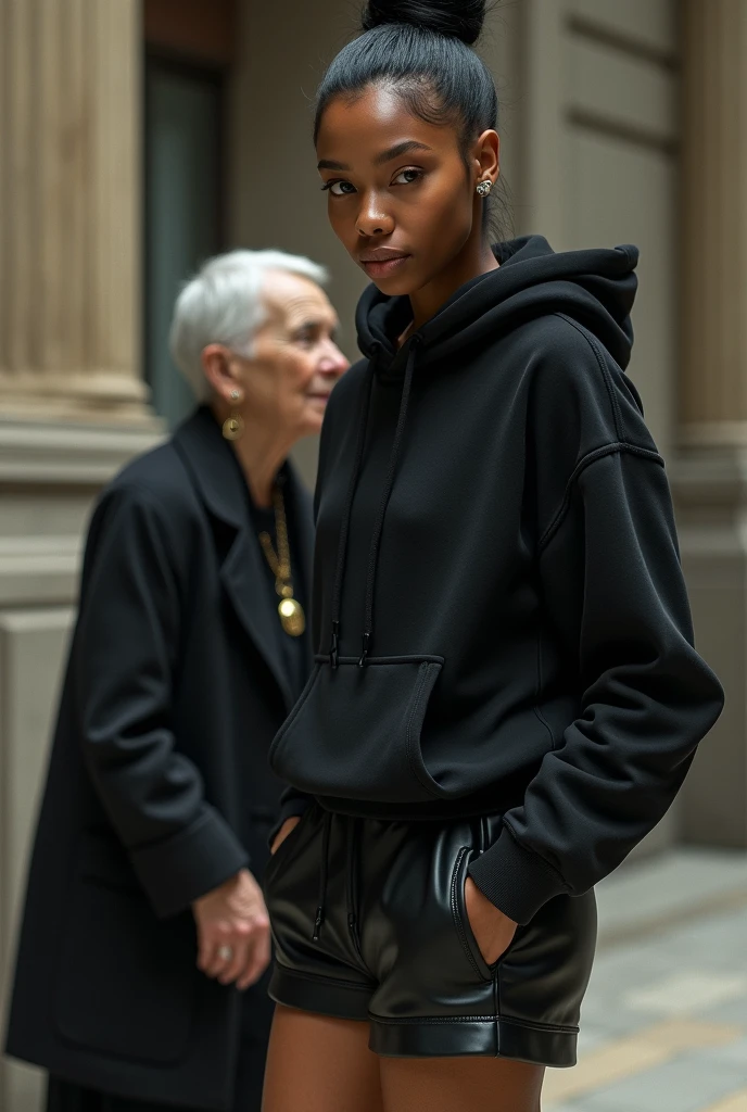 black woman hair in a bun black hoodie black leather short shorts a old grandma in a dress on her knees kissing her ass behind her