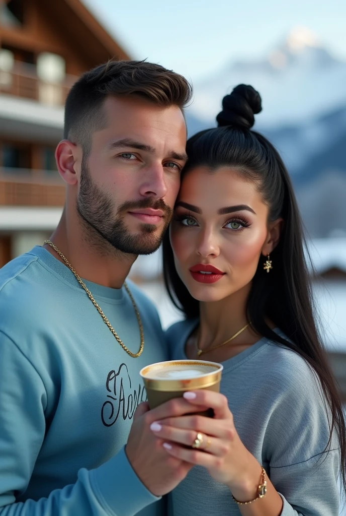 Usando cordao fino de ouro com uma águia  Usando Moletom unissex Gola Careca Blusa De Frio Básico Sem Capuz na sea blue , Hugo Boss 3D print in front of a luxurious house in Switzerland with snow and a cup of cappuccino in his hand gold watch , dynamic poses , Youngh,grown-up,beautiful tall,offwhite,German, green eyess,beard made, athletic body,short hair kissing young man, Photo far away In action poses Wearing Unisex Sweatshirt Crew Neck Basic Cold Weather Top Without Hood in (sea blue)  estampa Hugo Boss 3D em frente a um casa luxuosa na Suiça com neve com um copo de capuccino na mão dynamic poses uma jovem adulta linda branca, green eyes , illuminated nose using gold eyeshadow red lipstick, well made up, long and very straight hair,make her hair in a very high bun black, wearing gold accessories, thin gold necklace ,Small Gold Eagle Earring.