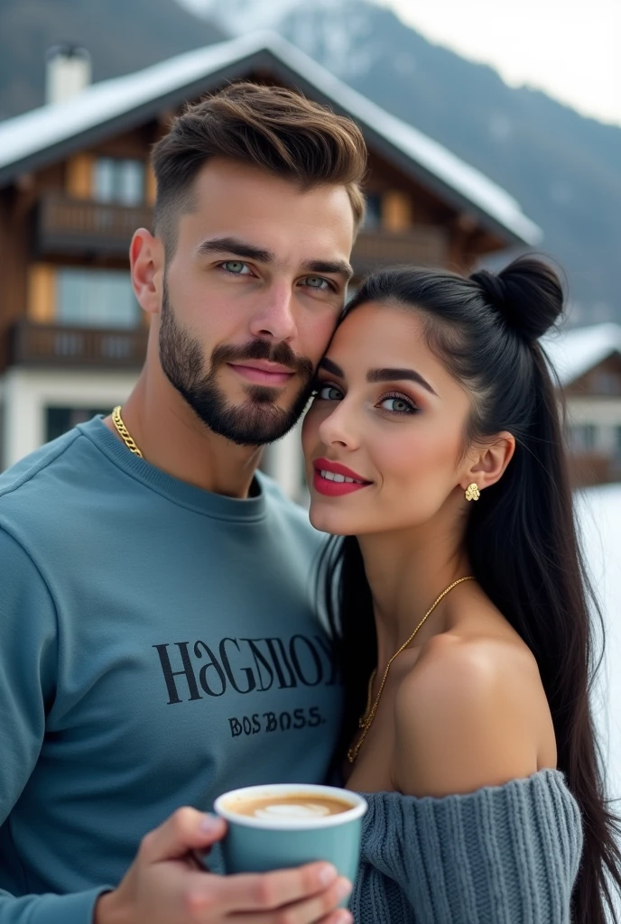 Usando cordao fino de ouro com uma águia  Usando Moletom unissex Gola Careca Blusa De Frio Básico Sem Capuz na sea blue , Hugo Boss 3D print in front of a luxurious house in Switzerland with snow and a cup of cappuccino in his hand gold watch , dynamic poses , Youngh,grown-up,beautiful tall,offwhite,German, green eyess,beard made, athletic body,short hair kissing young man, Photo far away In action poses Wearing Unisex Sweatshirt Crew Neck Basic Cold Weather Top Without Hood in (sea blue)  estampa Hugo Boss 3D em frente a um casa luxuosa na Suiça com neve com um copo de capuccino na mão dynamic poses uma jovem adulta linda branca, green eyes , illuminated nose using gold eyeshadow red lipstick, well made up, long and very straight hair,make her hair in a very high bun black, wearing gold accessories, thin gold necklace ,Small Gold Eagle Earring.
