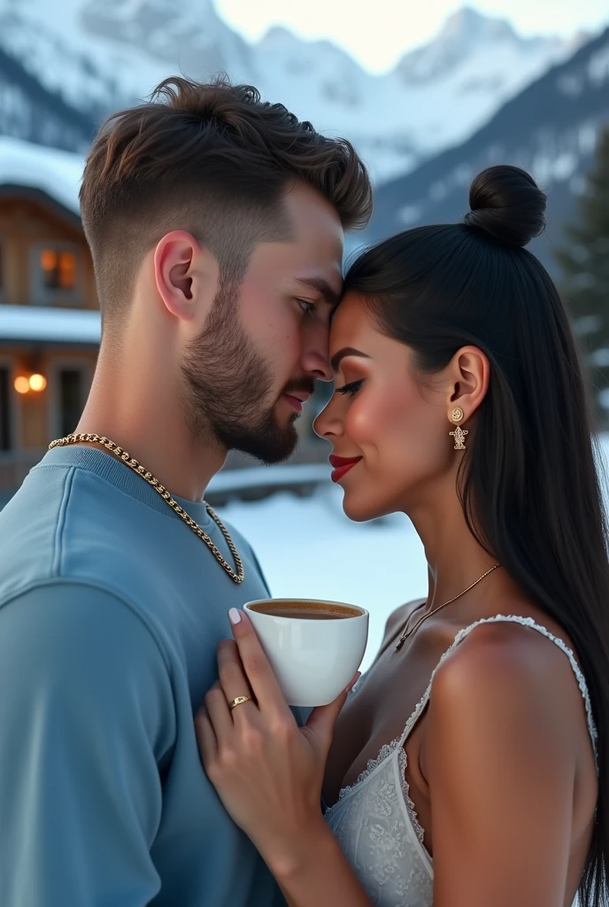 Usando cordao fino de ouro com uma águia Usando Moletom unissex Gola Careca Blusa De Frio Básico Sem Capuz na sea blue , Hugo Boss 3D print in front of a luxurious house in Switzerland with snow and a cup of cappuccino in his hand gold watch , dynamic poses , Youngh,grown-up,beautiful tall,offwhite,German, green eyess,beard made, athletic body,short hair kissing young man, Photo far away In action poses Wearing Unisex Sweatshirt Crew Neck Basic Cold Weather Top Without Hood in (sea blue) estampa Hugo Boss 3D em frente a um casa luxuosa na Suiça com neve com um copo de capuccino na mão dynamic poses uma jovem adulta linda branca, green eyes , illuminated nose using gold eyeshadow red lipstick, well made up, long and very straight hair,make her hair in a very high bun black, wearing gold accessories, thin gold necklace ,Small Gold Eagle Earring.