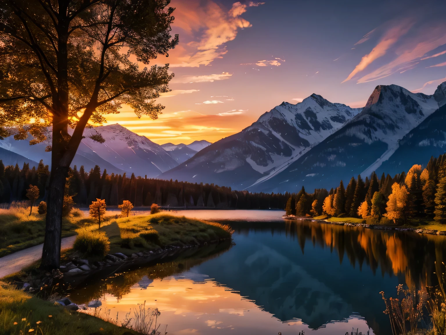 landscape, mountains, warm sunset, reflective lake, trees and shrubs, dusk, cyberpunk, ultra, 4k, high resolution 