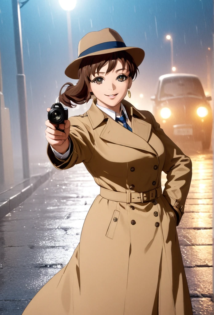 detailed illustration (side view),dynamic angle,ultra-detailed, illustration, pose for the camera, smiling at viewer, clean line art, shading, anime, 2020’s anime style, detailed eyes, detailed face, beautiful face standing on a sidewalk,

Detective, trench coat, fedora hat, Johnny dollar inspired, Philip Marlow inspired, 1940’s, woman, in a suit a coat, night, rain, brown hair, hard boiled, female fatale vibes.