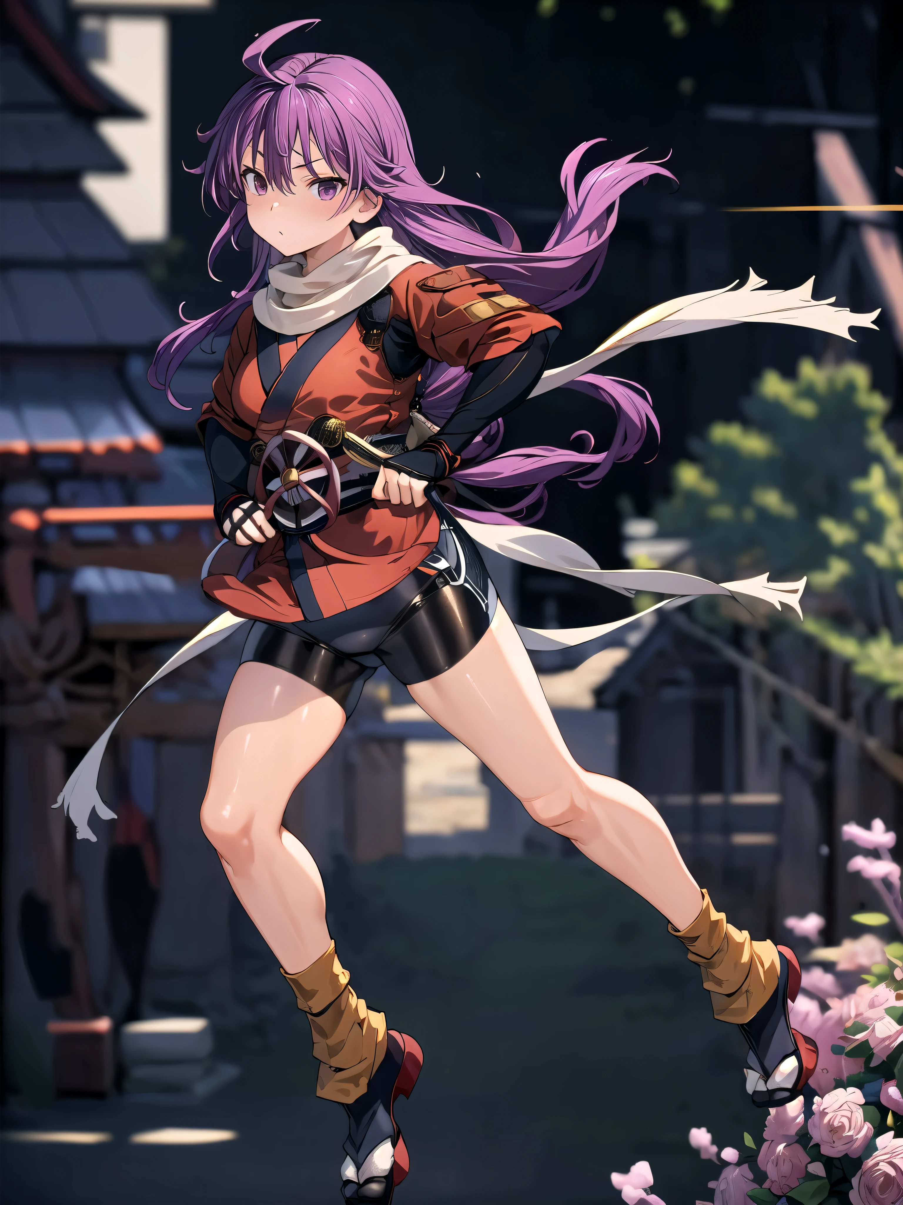 masterpiece, Highest quality, Perfect Face, Highest Resolution, Highest quality, 1 person, account statement, Long hair tied low, balck spats(Bike Shorts), scarf, Red kimono,  Combat Stance, Perfect Anatomy, Japanese Castle, village, field,