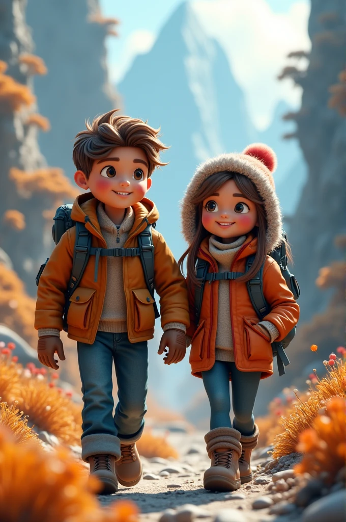 couple in ourdoor, jacket and backpack, 3d cartoon, fantasy art, masterpiece, cinematic lighting
