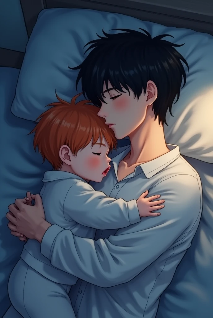 Yeonjun, with his deep orange hair, sports a pure look and an angelic face. He wears comfortable pajamas and a white shirt that highlights his figure. In his arms, Christopher hugs him tightly, dispelling his fears in the cold night that surrounds them. Christopher's ink-black hair contrasts with the softness of his white shirt. bathes their faces in a silver light, while the wind whispers a melody of love. Yeonjun feels comforted in Christopher's chest, his heart finding peace as they rest on the bed, embraced by the silence of the night. Yeonjun is 1 and Christopher is 20 years old, both are male. They are both adults, lying on the bed.