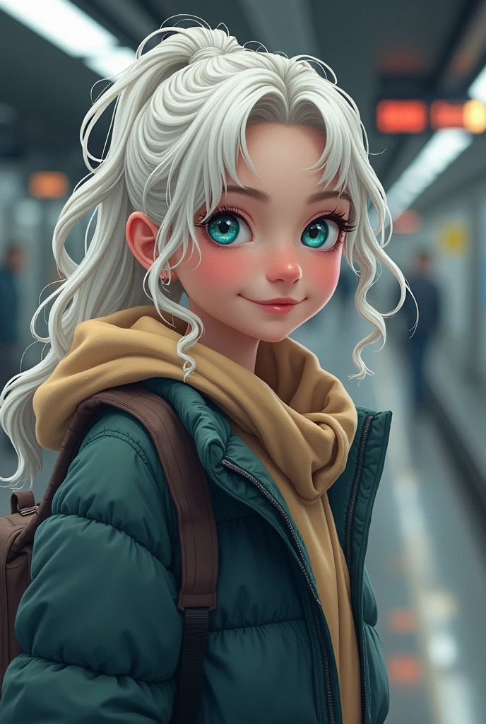 high angles , of a young European teenager of , long, slightly curly -white hair, tied in a ponytail, turquoise blue eyes, no make-up. average and athletic build, 1m72, she is wearing winter street wear clothes,expression of joy, she is on the metro platform,