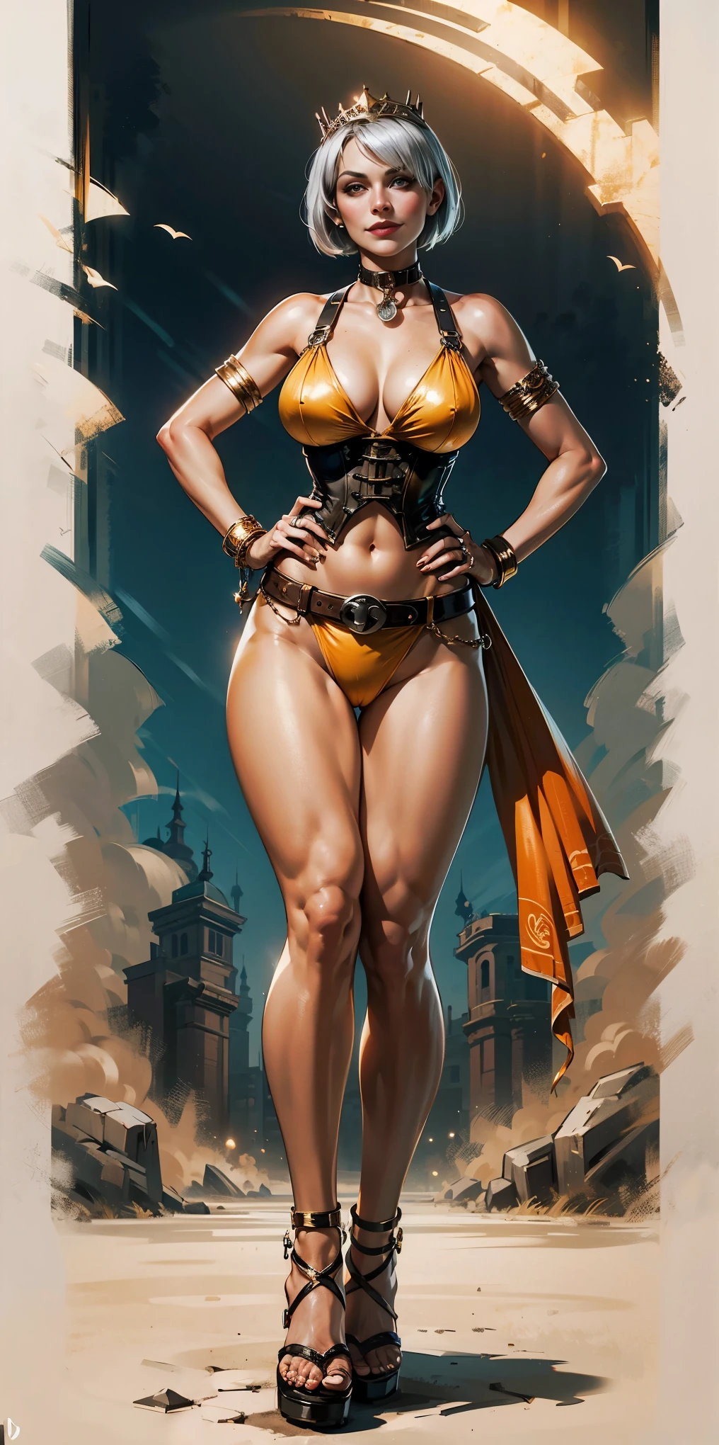 full body, whole body, solo, female, short white silver bob hair, big breast, yellow bikini, hands on hips, hands on waist, navel, lustful smirking smiling, smile red face, metal shoulders, gold sleeveless armbands, black leather choker collar, shackle bracelet, pauldrons, breastplate, leather corset, eye focus, loincloth standing, metal sandals, twin big belt, view from below, feet together, bracers, tiara