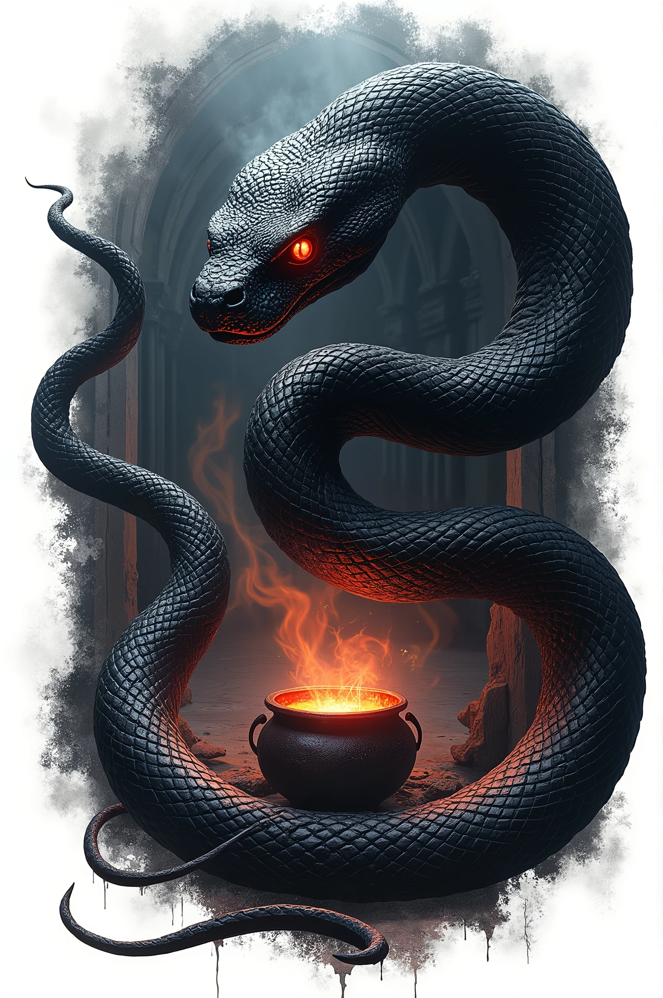 Black snake logo on white background, viper, Lair, cauldron, realisitic, Black Snake, Spell, cauldron, serpente víbora manba negra, olhos vermelhos