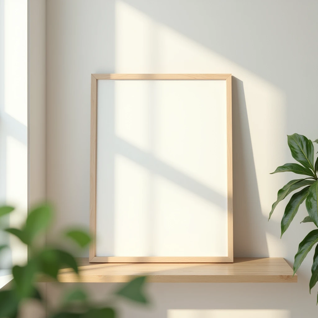 A bright room with a wooden shelf holding a white-framed canvas. The canvas is entirely blank, with no artwork, creating a minimalist look. Sunlight filters through a nearby window, casting soft shadows on the white canvas and the surrounding wooden frame. Some blurred greenery is visible in the foreground, enhancing the peaceful and elegant ambiance of the room