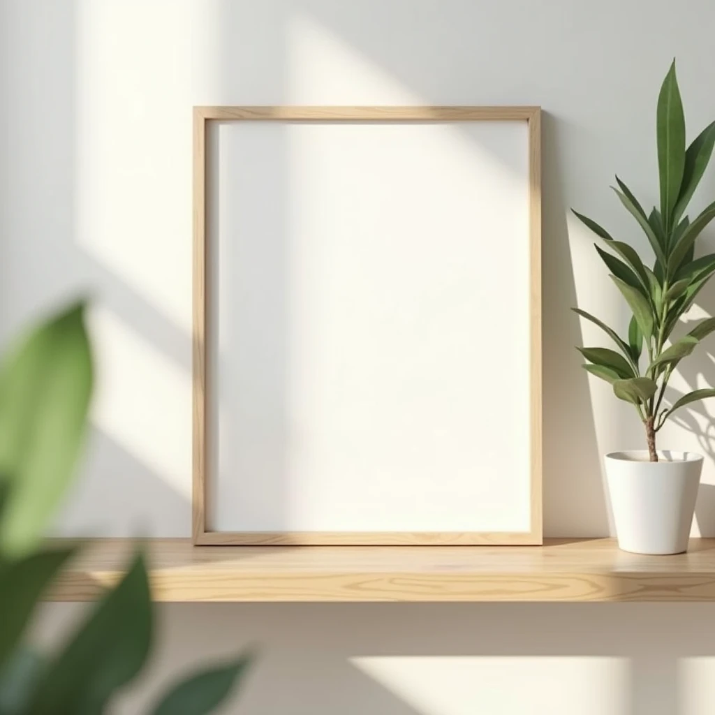 A bright room with a wooden shelf holding a white-framed canvas. The canvas is entirely blank, with no artwork, creating a minimalist look. Sunlight filters through a nearby window, casting soft shadows on the white canvas and the surrounding wooden frame. Some blurred greenery is visible in the foreground, enhancing the peaceful and elegant ambiance of the room