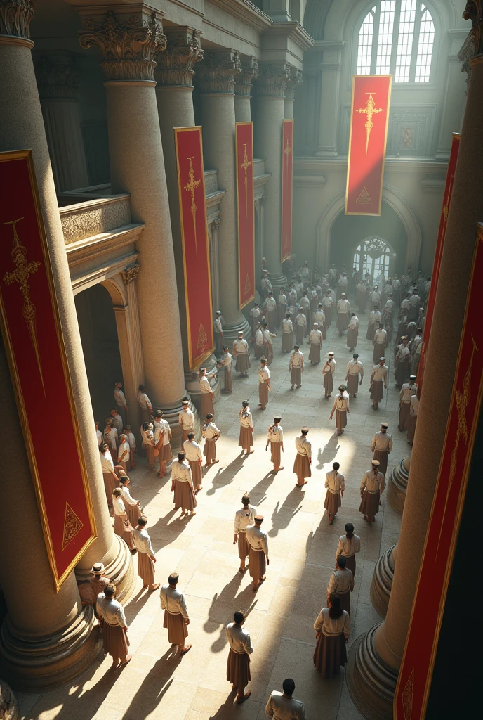 Aerial view of the interior of a large bank, many civilians and attendants wearing white uniforms with a red Templar cross