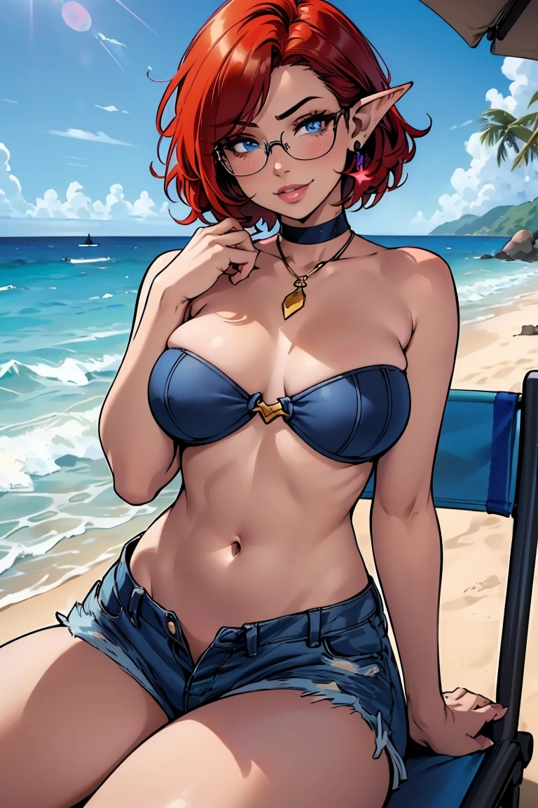 1girl, beautiful elf woman, ((Short Red Hair, Straight, has shine)) Blue eyes, double eyelids, light effect on eyes, detailed irises, beautiful curvy body, glasses, ((Blue Denim off the shoulder Sleeveless Strapless tight tee shirt covering chest, stomach exposed)), black choker, ((tiny blue denim mini shorts)), black high heels, ((Work of art, hyper-realistic, hyper detailed, Best Quality, 16k, light and shadow on skin, vivid colors)), ((Curled up on beach chair near the ocean: 1.5)), ((Hands behind head: 1.5, Hand resting on stomach: 1.5)) Lustful Expression, perfect lips, sexy mature face, lots of freckles all over body, full pouty lips, extreme blush, sensual smile, ((Sunset)), moonlit sky, Flirting with viewer, Flirty Lusty Smile, ((Large Breasts: 1.0)) ((Full View))