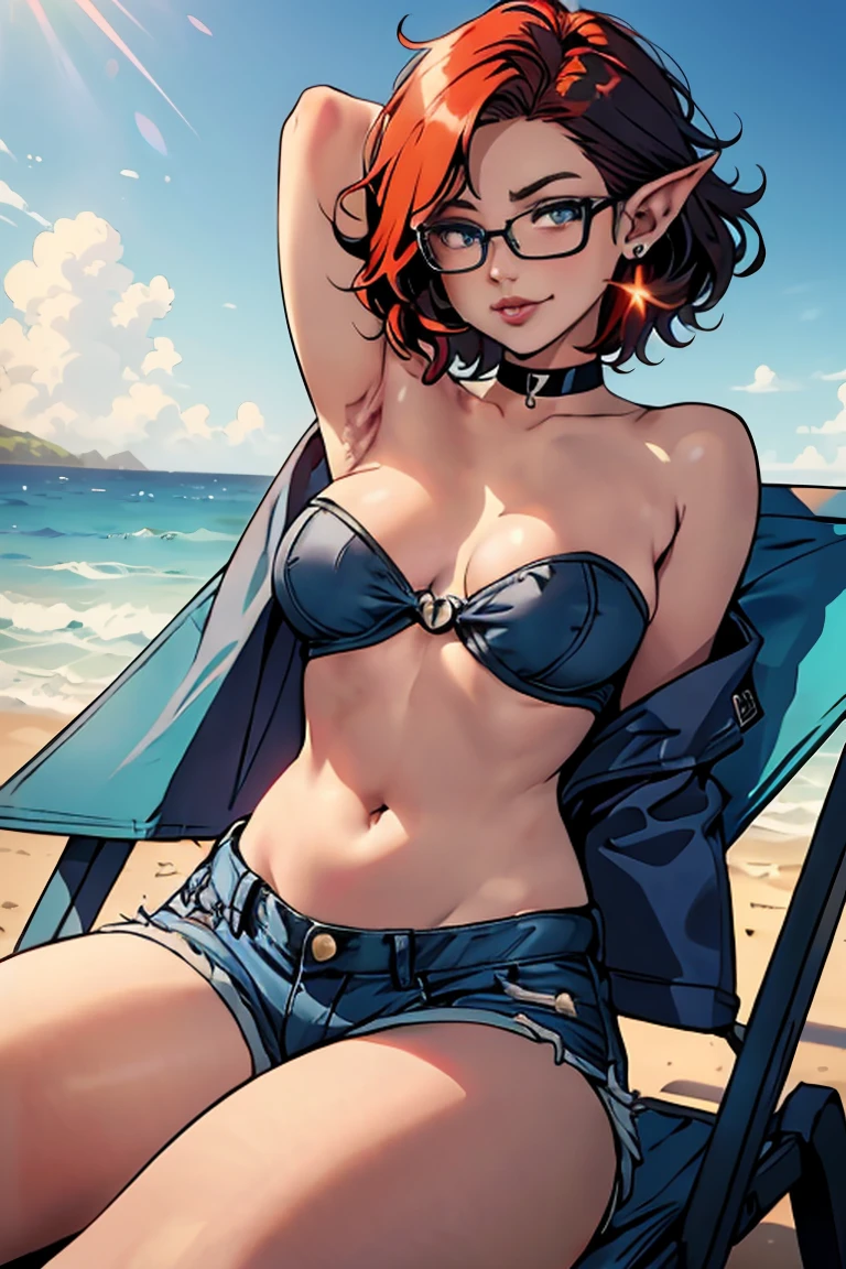 1girl, beautiful elf woman, ((Short Red Hair, Straight, has shine)) Blue eyes, double eyelids, light effect on eyes, detailed irises, beautiful curvy body, glasses, ((Blue Denim off the shoulder Sleeveless Strapless tight tee shirt covering chest, stomach exposed)), black choker, ((tiny blue denim mini shorts)), black high heels, ((Work of art, hyper-realistic, hyper detailed, Best Quality, 16k, light and shadow on skin, vivid colors)), ((Curled up on beach chair near the ocean: 1.5)), ((Hands behind head: 1.5, Hand resting on stomach: 1.5)) Lustful Expression, perfect lips, sexy mature face, lots of freckles all over body, full pouty lips, extreme blush, sensual smile, ((Sunset)), moonlit sky, Flirting with viewer, Flirty Lusty Smile, ((Large Breasts: 1.0)) ((Full View))