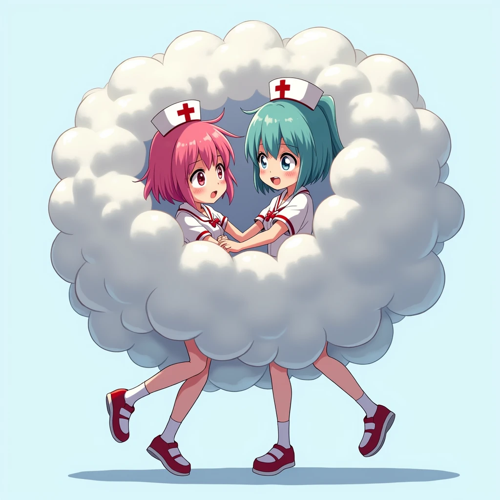1 girl,2 girls,anime style,cartoon,comic,playful,humorous,energetic,fighting,playfully wrestling,in a light gray cloud,nurse uniform,different colored hair,feet and hands visible,rest of body hidden in cloud,exaggerated puffy cloud,best quality,4k,8k,highres,masterpiece:1.2,ultra-detailed,realistic,vivid colors