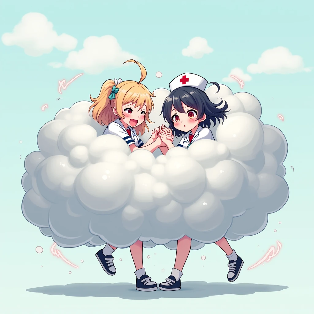 1 girl,2 girls,anime style,cartoon,comic,playful,humorous,energetic,fighting,playfully wrestling,in a light gray cloud,nurse uniform,different colored hair,feet and hands visible,rest of body hidden in cloud,exaggerated puffy cloud,best quality,4k,8k,highres,masterpiece:1.2,ultra-detailed,realistic,vivid colors