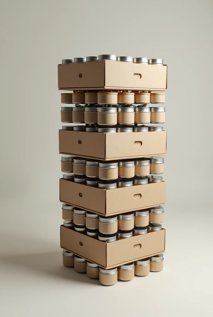 5 stacked cardboard trays, 20 tins in each tray