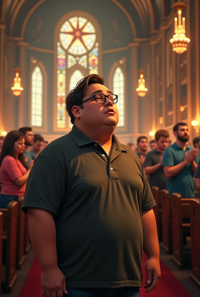 Make a realistic image of a fat person in his 20s, with glasses and a parted hair in a crowded evangelical temple