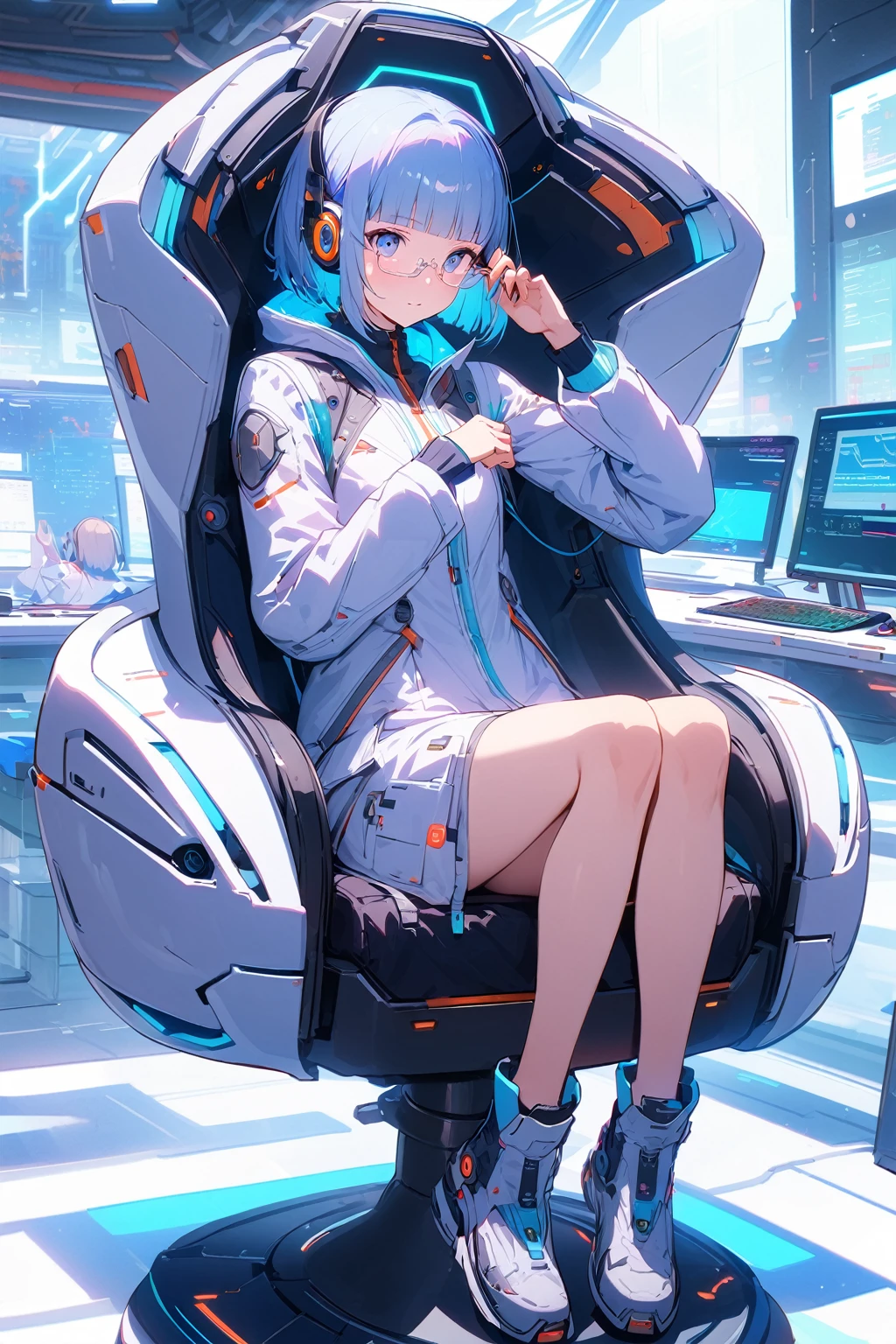 (extremely detailed fine touch:1.3), Vibrant colors, Soft tones, With warm and gentle lighting, girl, solo, (((silver semi-rimless eyewear:1.3))), (headphone:1.0), short hair, blunt bangs, full body, sitting Futuristic chair, note personal computer, Faithfully recreates the gesture of putting on glasses, Futuristic, Futuristic White coat, Science Fiction, Science Fiction Laboratory, Various research machines, Futuristic Under Research