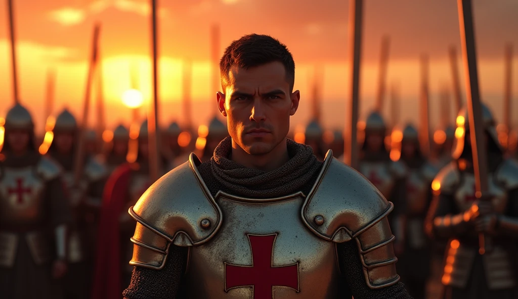 A highly realistic, high-contrast, 8K HD, detailed, hyper-detailed image of a large group of medieval knights in the desert at sunset, all holding swords and looking directly at the viewer. The central focus is on the protagonist from the provided image, with his distinctive rugged face, short dark hair, and intense expression, wearing steel armor with a red cross emblem. Surrounding him are numerous Crusaders, all in matching steel armor, their swords gleaming in the warm, golden light of the setting sun. The sky is ablaze with vibrant hues of orange and red, creating a dramatic and unyielding atmosphere. Ultra-high resolution, RAW photo quality, Unreal Engine rendering, capturing the power and unity of the Crusaders as they stand together, ready for battle.