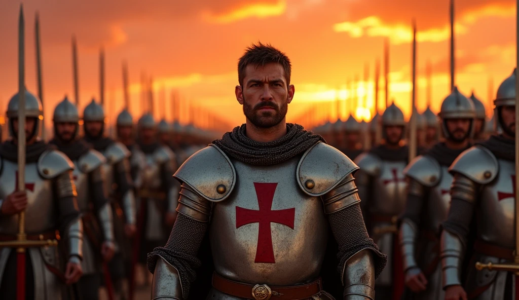 A highly realistic, high-contrast, 8K HD, detailed, hyper-detailed image of a large group of medieval knights in the desert at sunset, all holding swords and looking directly at the viewer. The central focus is on the protagonist from the provided image, with his distinctive rugged face, short dark hair, and intense expression, wearing steel armor with a red cross emblem. Surrounding him are numerous Crusaders, all in matching steel armor, their swords gleaming in the warm, golden light of the setting sun. The sky is ablaze with vibrant hues of orange and red, creating a dramatic and unyielding atmosphere. Ultra-high resolution, RAW photo quality, Unreal Engine rendering, capturing the power and unity of the Crusaders as they stand together, ready for battle.
