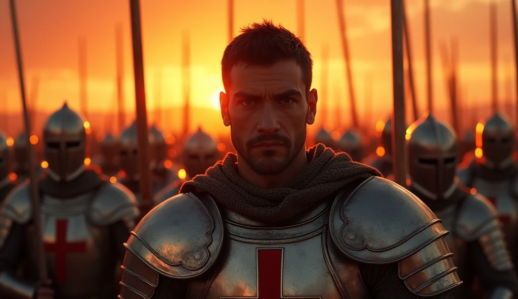 A highly realistic, high-contrast, 8K HD, detailed, hyper-detailed image of a large group of medieval knights in the desert at sunset, all holding swords and looking directly at the viewer. The central focus is on the protagonist from the provided image, with his distinctive rugged face, short dark hair, and intense expression, wearing steel armor with a red cross emblem. Surrounding him are numerous Crusaders, all in matching steel armor, their swords gleaming in the warm, golden light of the setting sun. The sky is ablaze with vibrant hues of orange and red, creating a dramatic and unyielding atmosphere. Ultra-high resolution, RAW photo quality, Unreal Engine rendering, capturing the power and unity of the Crusaders as they stand together, ready for battle.