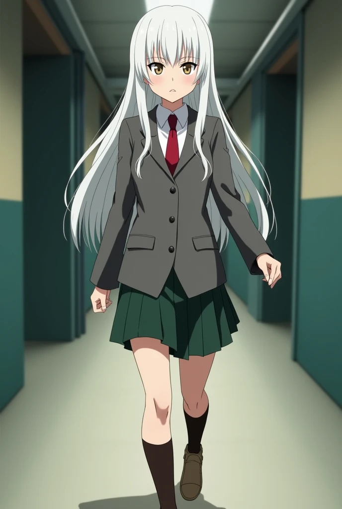 Screenshot Boku no hero academia, beautiful woman, with long straight hair, white color with black highlights, slanted eyes, light brown eyes, with grey uniform jacket, Red tie, Dark green skirt, brown socks, light brown shoes, with an angry expression, walking in a hallway full body