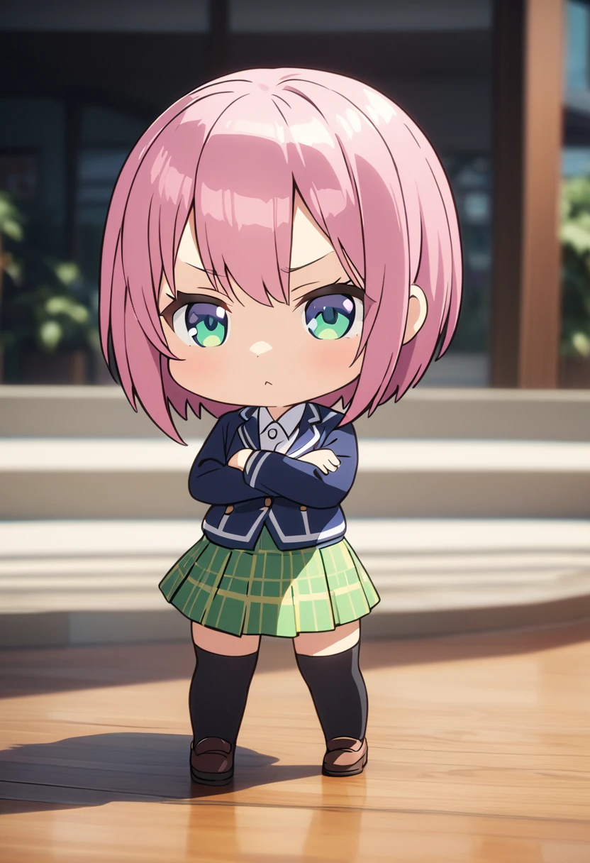 (Highest quality, 4K, 8k, High resolution, masterpiece:1.2), Very detailed, Picturesque, Animated Photography, Photo Animation:1.37)、Japanese schoolgirl、(Pink Hair)、(short hair)、(chibi:1.4),white shirt、Yellow-green checkered skirt,(high scool uniform:1.2)、navy blue jacket、standing、crossed arms、Full body photography、Nakano ichika