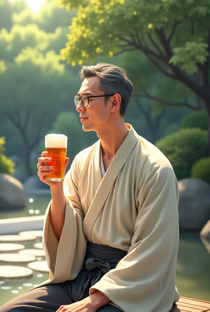 A man in a yukata drinking beer、3、Wearing glasses
