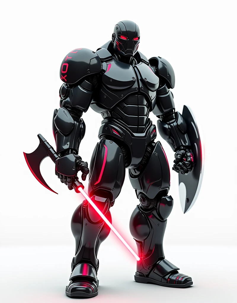 Generate a concept in AI，AI，Half Body，Mecha like Marvel's giant and massive Hulk full color shine black in the rust armor, cyberpunk hi tech helmet, Technology，Surreal, read neon laser axe like stawars lightsaber in right hand, and transparent read neon laser shield with light borders, in left hand, white background