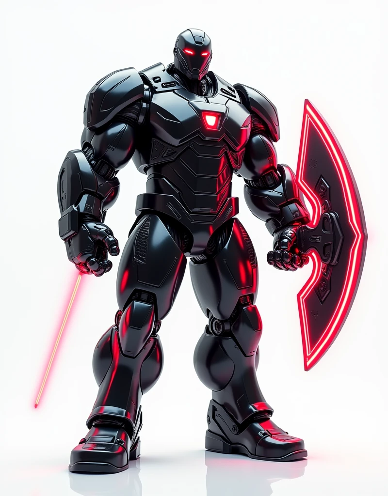 Generate a concept in AI,AI,Half Body,Mecha like Marvel's giant and massive Hulk full color shine black in the rust armor, cyberpunk hi tech helmet, Technology,Surreal, read neon laser axe like stawars lightsaber in right hand, and transparent read neon laser shield with light borders, in left hand, white background