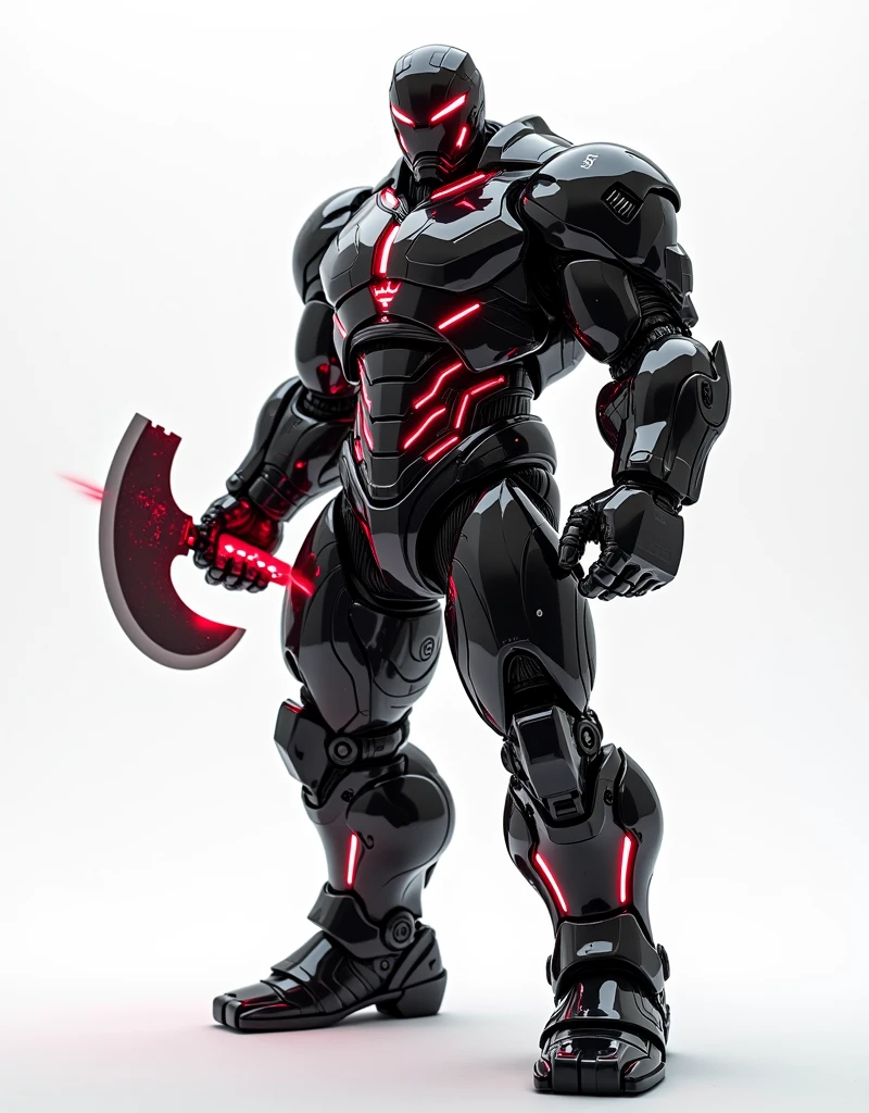 Generate a concept in AI，AI，Half Body，Mecha like Marvel's giant and massive Hulk full color shine black in the rust armor, cyberpunk hi tech helmet, Technology，Surreal, read neon laser axe like stawars lightsaber in right hand, and transparent read neon laser shield with light borders, in left hand, white background