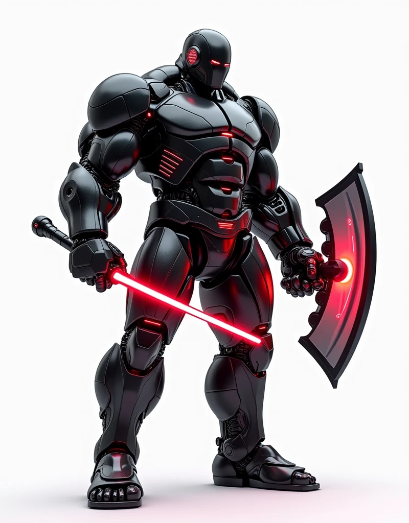 Generate a concept in AI,AI,Half Body,Mecha like Marvel's giant and massive Hulk full color shine black in the rust armor, cyberpunk hi tech helmet, Technology,Surreal, read neon laser axe like stawars lightsaber in right hand, and transparent read neon laser shield with light borders, in left hand, white background
