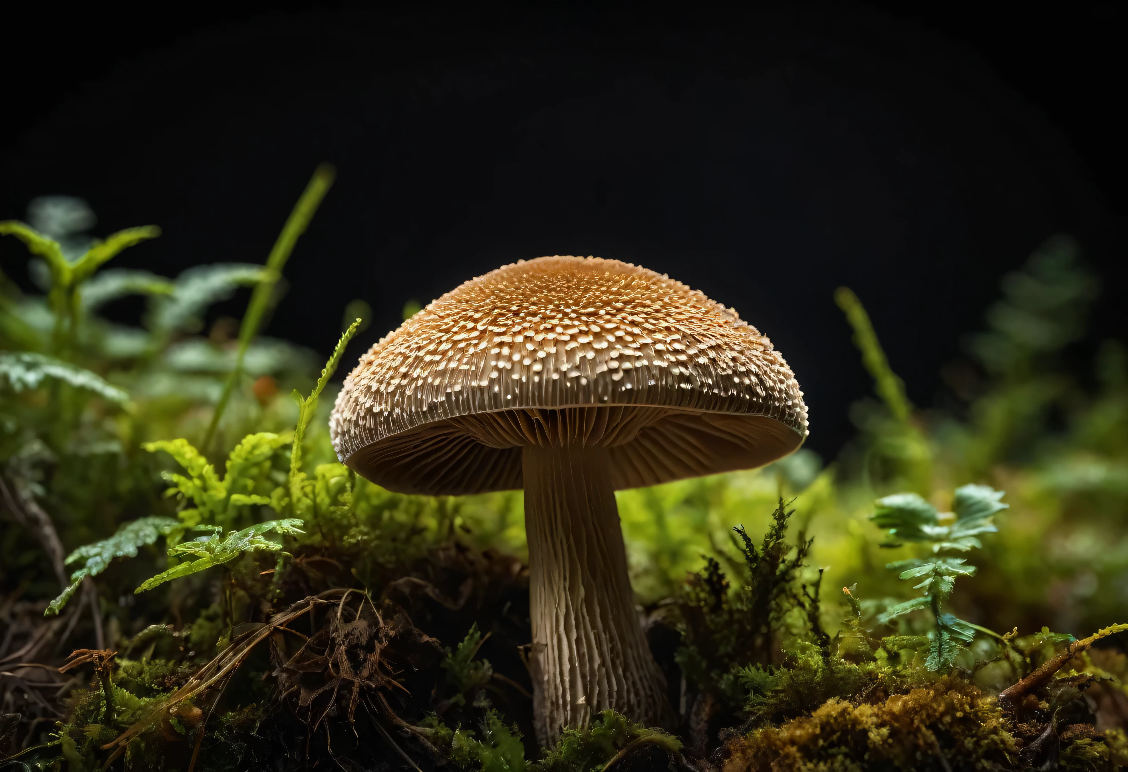 Generate a highly detailed and realistic macro photography of a single straw mushroom, captured in an ultra-close-up view. The mushroom's surface should reveal intricate textures, with fine details of the gills, cap, and stem clearly visible. The lighting should be cinematic, with dramatic contrasts between light and shadow, creating a sense of depth and dimension. Soft, warm light should illuminate the mushroom from one side, highlighting the natural curves and subtle textures, while the background is dark and softly blurred, ensuring the focus remains on the mushroom. The overall composition should evoke a sense of wonder and appreciation for the delicate beauty of nature, with an emphasis on the mushroom's unique structure and organic form.