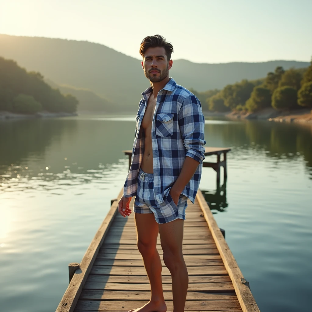 A white man, aged 36, model type, with short dark hair, with clear eyes, wearing a blue and white checkered shirt, swimming trunks, tennis, on top of a pier on a lake in Alentejo, at daybreak.
