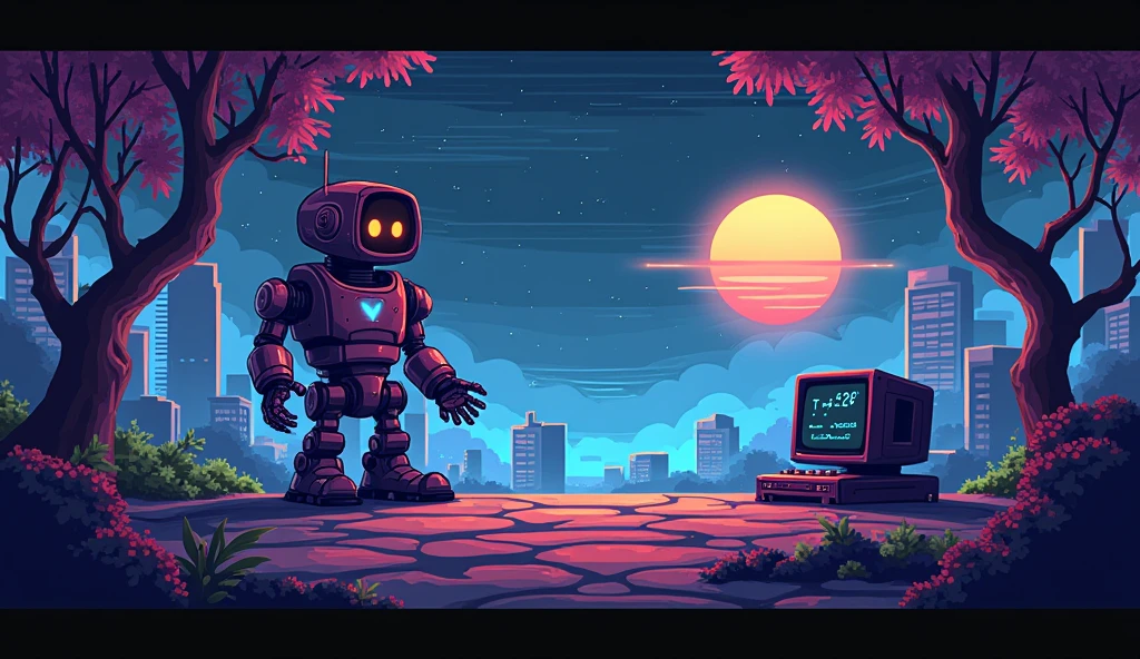 game pixel background with robot, computer, ++ in pac-man’s mouth, javascript, python, html and text TiK26 with T and K capitalize