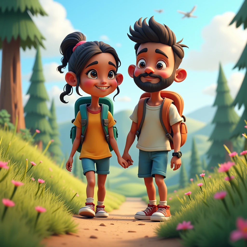 couple in ourdoor, jacket and backpack, 3d cartoon, a text written BRE & NDA, fantasy art, masterpiece, cinematic lighting, 4K, high definition, extreme detail