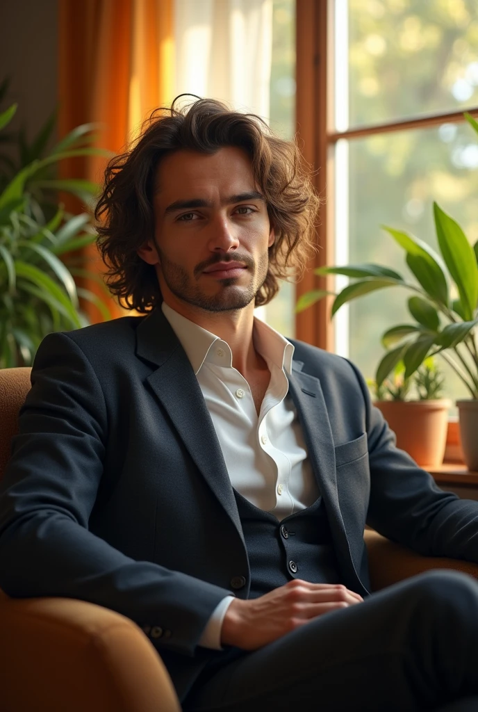(photorealism:1.2), handsome man, sitting on an office, wearing suit, long curly hair, indoors, soft lighting, plants in background, window with sunlight, cozy room, relaxed pose, realistic, intricate details, warm colors