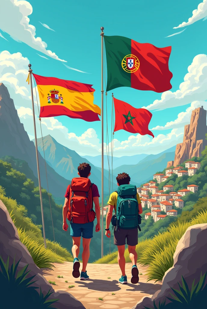 I need an illustration using the official flags of Spain, portugal, Andorra and Morocco with general backpacker travel theme