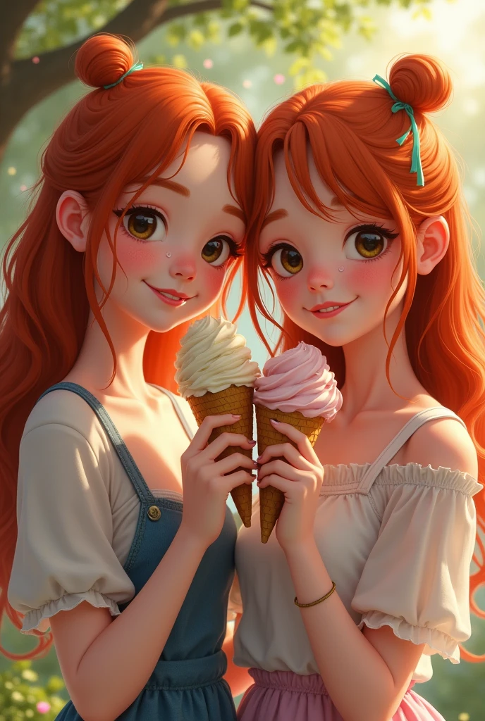 ultra detail picture of two beautiful ginger hair sisters eating icecrem