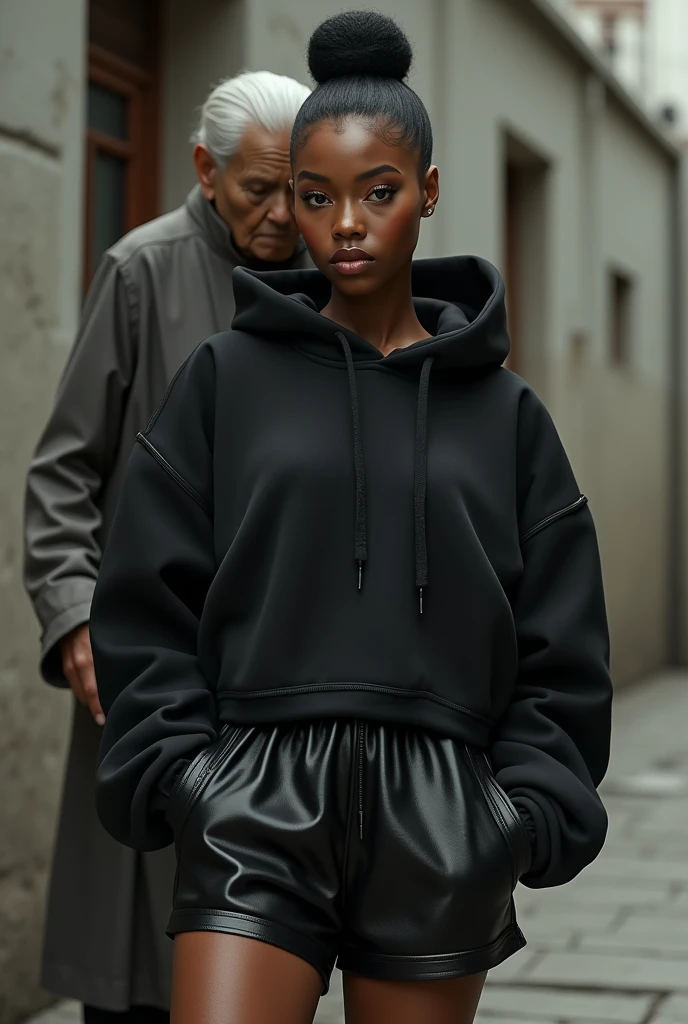 black woman hair in a bun black hoodie   black leather short shorts   a old grandma in a dress on her knees kissing her ass behind her


       