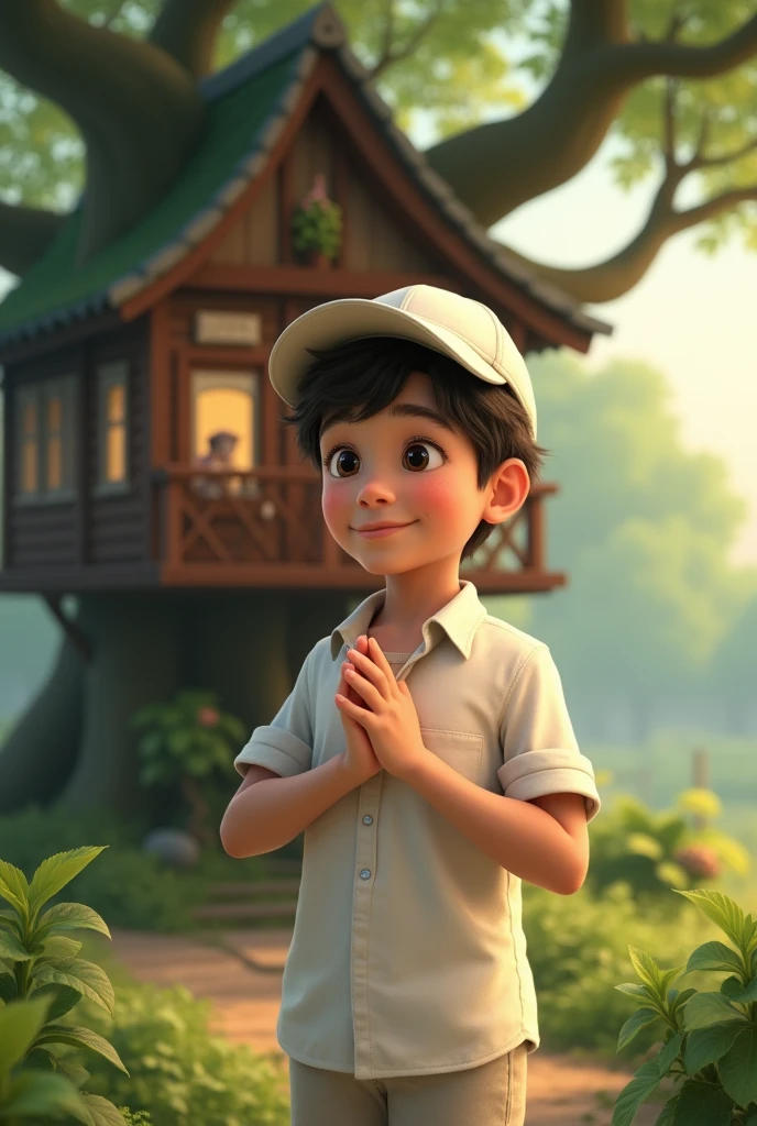 A -1 oy, praying in a white cap, is pointing down with his fingers and smiling, with a tree-hut in the background.